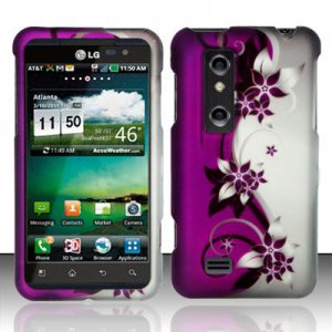 Hard Plastic Rubber Feel Design Case for LG Thrill 4G - Silver and Purple Vines