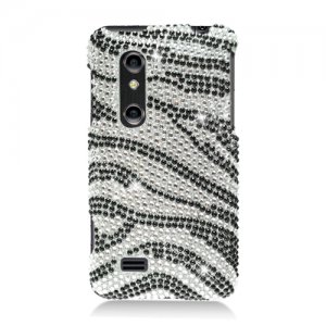 Hard Plastic Bling Rhinestone Design Case for LG Thrill 4G - Silver and Black Zebra
