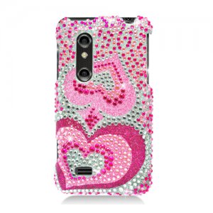 Hard Plastic Bling Rhinestone Design Case for LG Thrill 4G - Pink Hearts