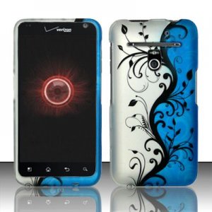 Hard Plastic Rubber Feel Design Case for LG Revolution 4G VS910 - Silver and Blue Vines