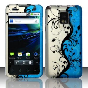 Hard Plastic Rubber Feel Design Case for LG Optimus G2x - Silver and Blue Vines