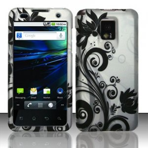 Hard Plastic Rubber Feel Design Case for LG Optimus G2x - Silver and Black Vines