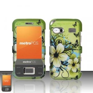Hard Plastic Rubber Feel Design Case for Huawei M750 - Green Flowers and Butterfly
