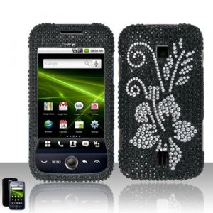 Hard Plastic Bling Rhinestone Design Case for Huawei Ascend M860 - Silver and Black Flower