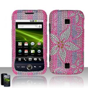 Hard Plastic Bling Rhinestone Design Case for Huawei Ascend M860 - Hot Pink Flowers