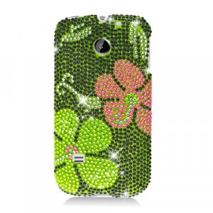 Hard Plastic Bling Rhinestone Design Case for Huawei Ascend II M865 - Green Daisy