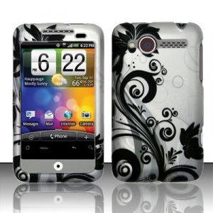 Hard Plastic Rubber Feel Design Case for HTC Wildfire 6225 - Silver and Black Vines