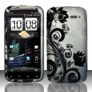 Hard Plastic Rubber Feel Design Case for HTC Sensation 4G - Silver and Black Vines