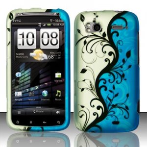 Hard Plastic Rubber Feel Design Case for HTC Sensation 4G - Silver and Blue Vines