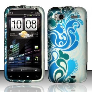 Hard Plastic Rubber Feel Design Case for HTC Sensation 4G - Green and Blue Swirls