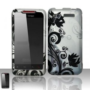 Hard Plastic Rubber Feel Design Case for HTC Merge 6325 - Silver and Black Vines