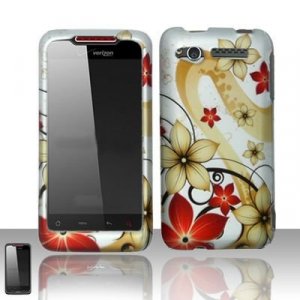 Hard Plastic Rubber Feel Design Case for HTC Merge 6325 - Red and Gold Flowers