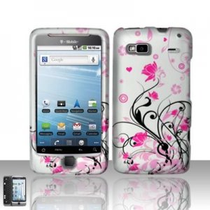 Hard Plastic Rubber Feel Design Case for HTC G2 - Silver and Pink Flowers