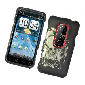 Hard Plastic Rubber Feel Design Case for HTC Evo 3D - Black Skull and Angel