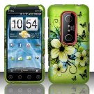 Hard Plastic Rubber Feel Design Case for HTC Evo 3D - Green Flowers and Butterfly