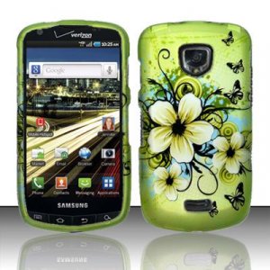 Hard Plastic Rubber Feel Design Case for Samsung Droid Charge - Green Flowers and Butterfly
