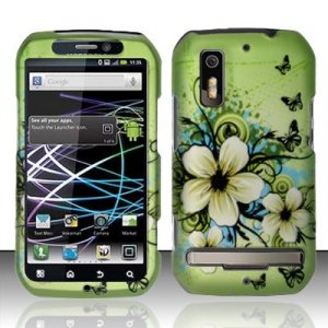 Hard Plastic Rubber Feel Design Case for Motorola Photon 4G - Green Flowers and Butterfly