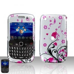 Hard Plastic Rubber Feel Design Case for Blackberry Curve 8520 - Silver and Pink Flowers