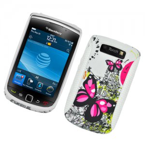 Hard Plastic Rubber Feel Hybrid Design Case for Blackberry Torch 9800 - Dual Pink Butterfly