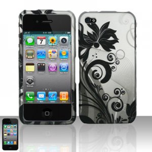 Hard Plastic Rubber Feel Design Case for Apple iPhone 4/4S - Silver and Black Vines