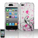 Hard Plastic Rubber Feel Design Case for Apple iPhone 4/4S - Silver and Pink Flowers