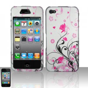 Hard Plastic Rubber Feel Design Case for Apple iPhone 4/4S - Silver and Pink Flowers