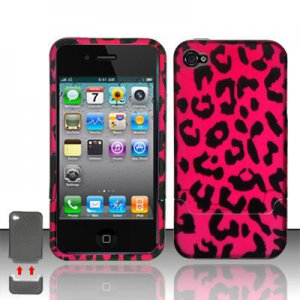 Hard Plastic Rubber Feel Design Case for Apple iPhone 4/4S - Hot Pink Leopard