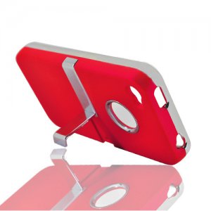 Hard Plastic Rubber Feel Case + Chrome Kickstand for Apple iPhone 4/4S - Red