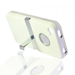 Hard Plastic Rubber Feel Case + Chrome Kickstand for Apple iPhone 4/4S - White
