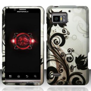 Hard Plastic Rubber Feel Design Case for Motorola Droid Bionic Targa XT875 - Silver and Black Vines