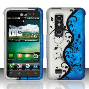 Hard Plastic Rubber Feel Design Case for LG Thrill 4G - Silver and Blue Vines
