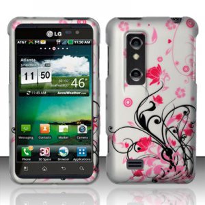 Hard Plastic Rubber Feel Design Case for LG Thrill 4G - Silver and Pink Flowers