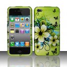 Hard Plastic Rubber Feel Design Case for Apple iPhone 4/4S - Green Flower and Butterfly