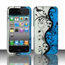 Hard Plastic Rubber Feel Design Case for Apple iPhone 4/4S - Silver and Blue Vines