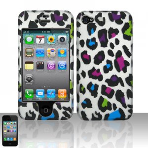 Hard Plastic Rubber Feel Design Case for Apple iPhone 4/4S - Rainbow Leopard