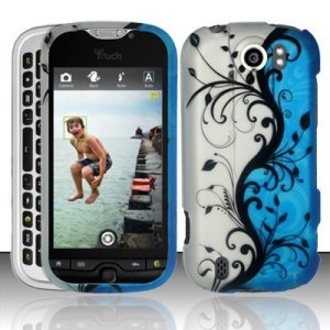 Hard Plastic Rubber Feel Design Case for HTC Mytouch Slide 4G - Silver and Blue Vines