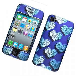 Hard Plastic Rubber Feel Design Case for Apple iPhone 4/4S - Elegance Blue Hearts