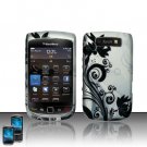 Hard Plastic Rubber Feel Design Case for Blackberry Torch 9800 - Silver and Black Vines