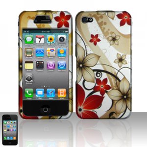 Hard Plastic Rubber Feel Design Case for Apple iPhone 4/4S - Red and Gold Flowers