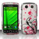 Hard Plastic Rubber Feel Design Case for Blackberry Torch 9850/9860 - Silver and Pink Flowers