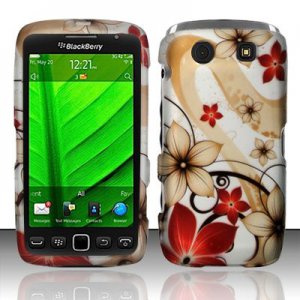 Hard Plastic Rubber Feel Design Case for Blackberry Torch 9850/9860 - Red and Gold Flowers