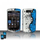 Hard Plastic Rubber Feel Design Case for Blackberry Torch 9800 - Silver and Blue Vines