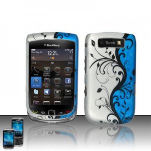 Hard Plastic Rubber Feel Design Case for Blackberry Torch 9800 - Silver and Blue Vines