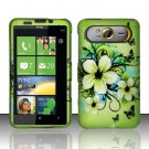 Hard Plastic Rubber Feel Design Case for HTC HD7/HD7S - Green Flowers and Butterfly