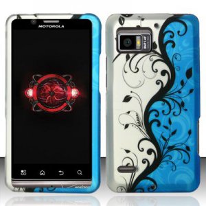 Hard Plastic Rubber Feel Design Case for Motorola Droid Bionic Targa XT875 - Silver and Blue Vines
