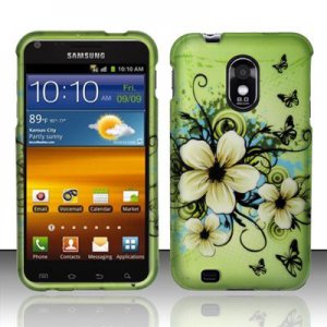 Hard Plastic Rubber Feel Design Case for Samsung Galaxy S II Epic 4G Touch - Green Flowers Butterfly