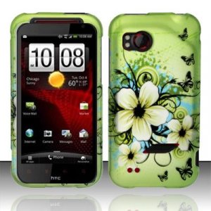 Hard Plastic Rubber Feel Design Case for HTC Rezound 6425 - Green Flowers and Butterfly