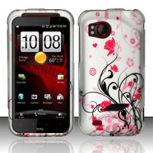 Hard Plastic Rubber Feel Design Case for HTC Rezound 6425 - Silver and Pink Flowers