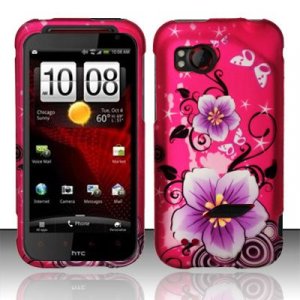 Hard Plastic Rubber Feel Design Case for HTC Rezound 6425 - Hot Pink Flowers and Butterfly