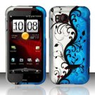 Hard Plastic Rubber Feel Design Case for HTC Rezound 6425 - Silver and Blue Vines